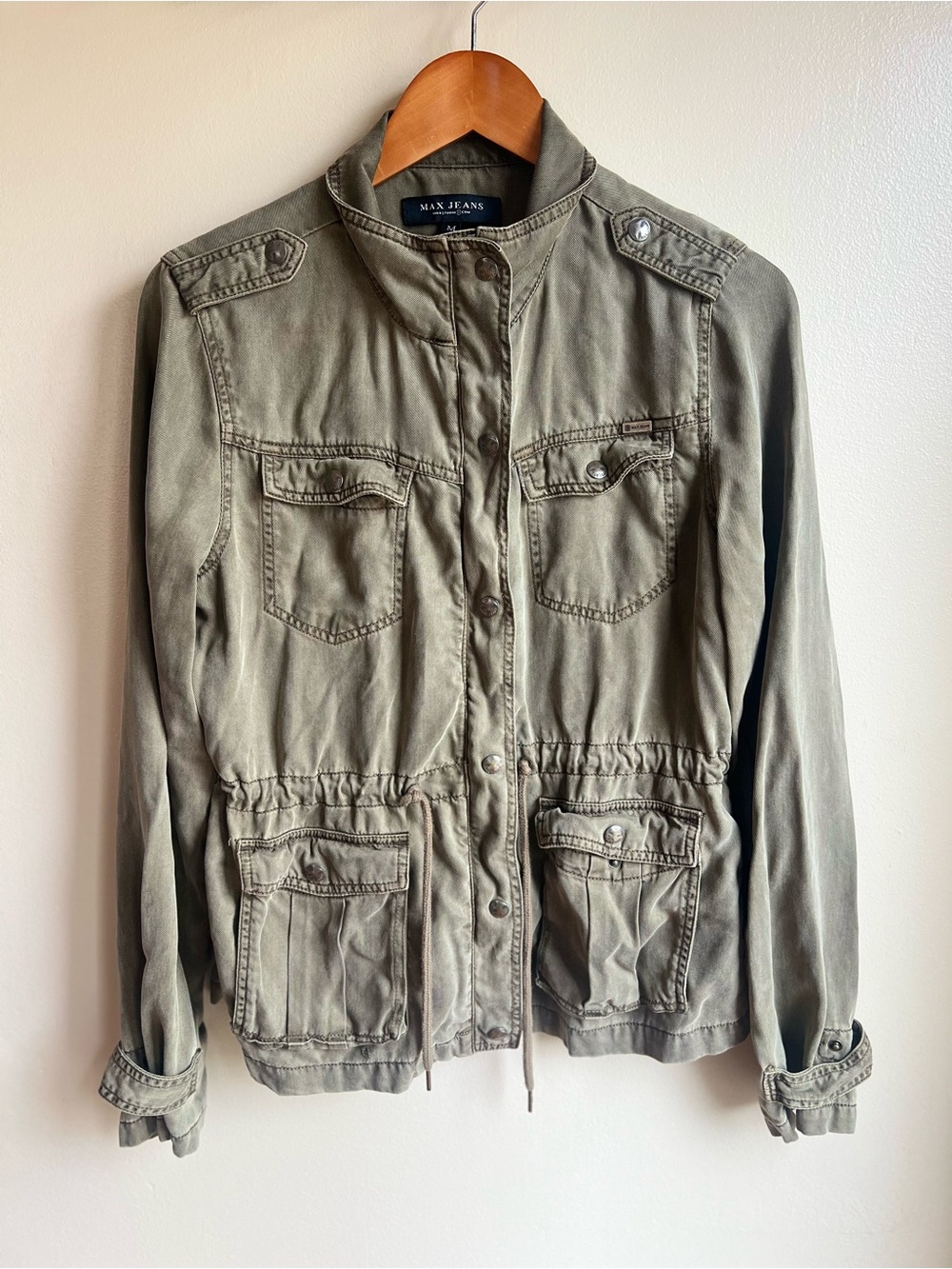 Max Jeans Women’s Medium Olive Green Tencel Utility Military Cargo Jacket